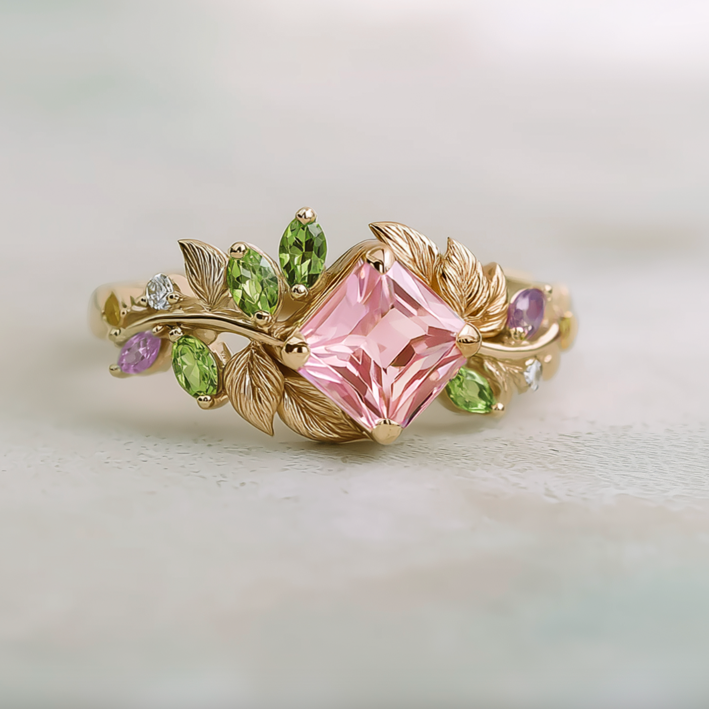 Gold ring with pink gemstone and green and purple accents on a light background