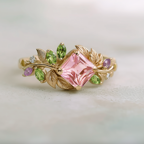 Gold ring with pink gemstone and green and purple accents on a light background