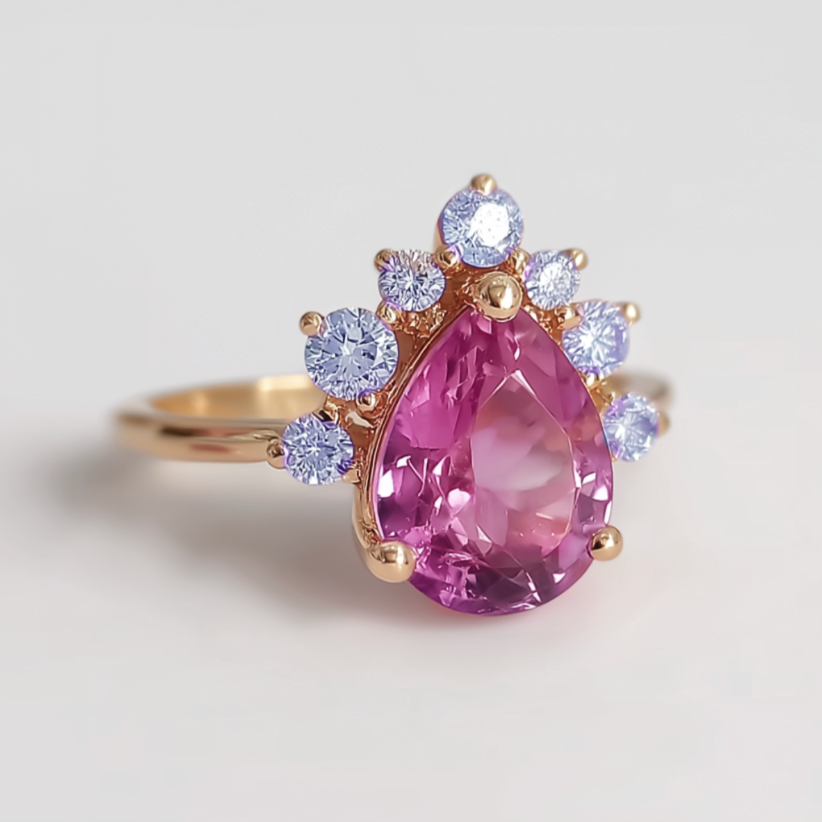Gold ring with a pink teardrop-shaped gemstone and smaller clear stones on a light gray background