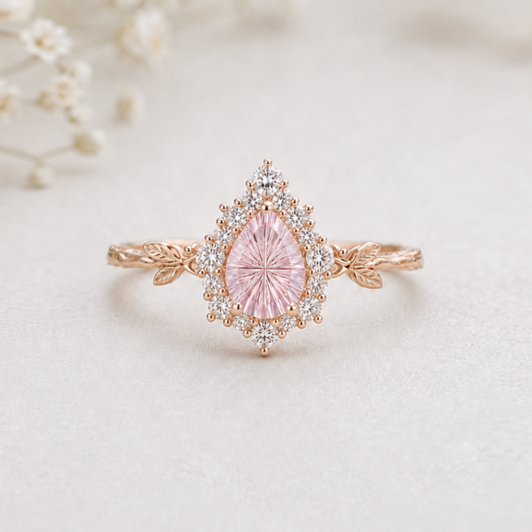 Lab-grown Padparadscha Pink Sapphire Engagement ring, Pear cut Pink Sapphire ring