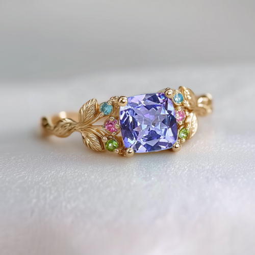 Gold ring with a purple gemstone and colorful surrounding stones on a light gray background