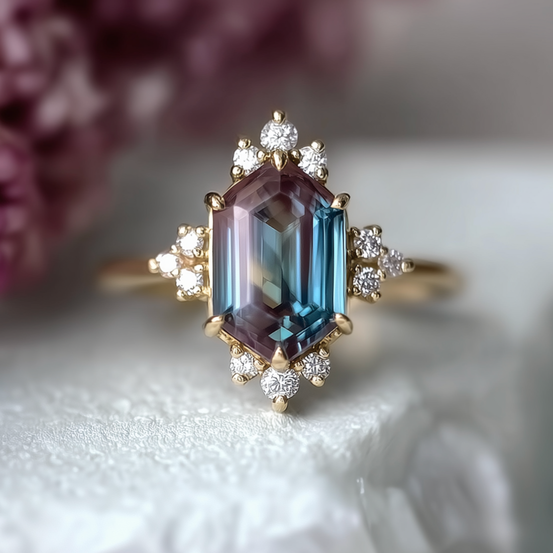 Ring with a purple blue gemstone and diamond accents on a soft background