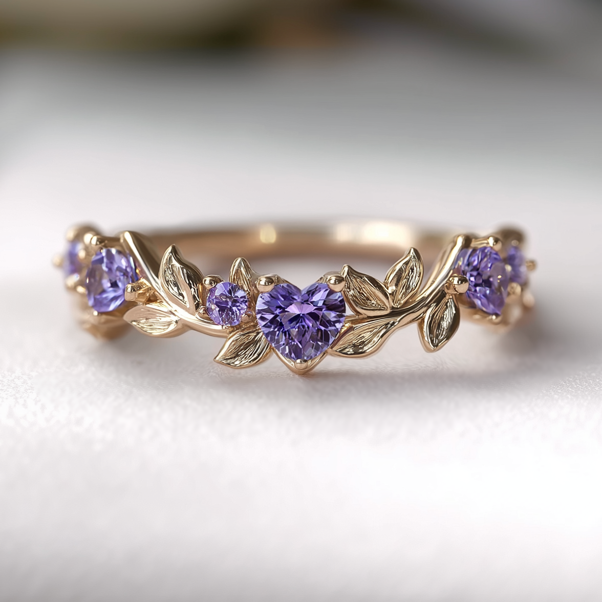 Gold ring with purple gemstones on a white background