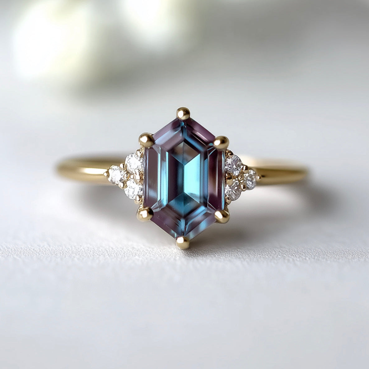 Ring with a purple gemstone and diamond accents on a light background