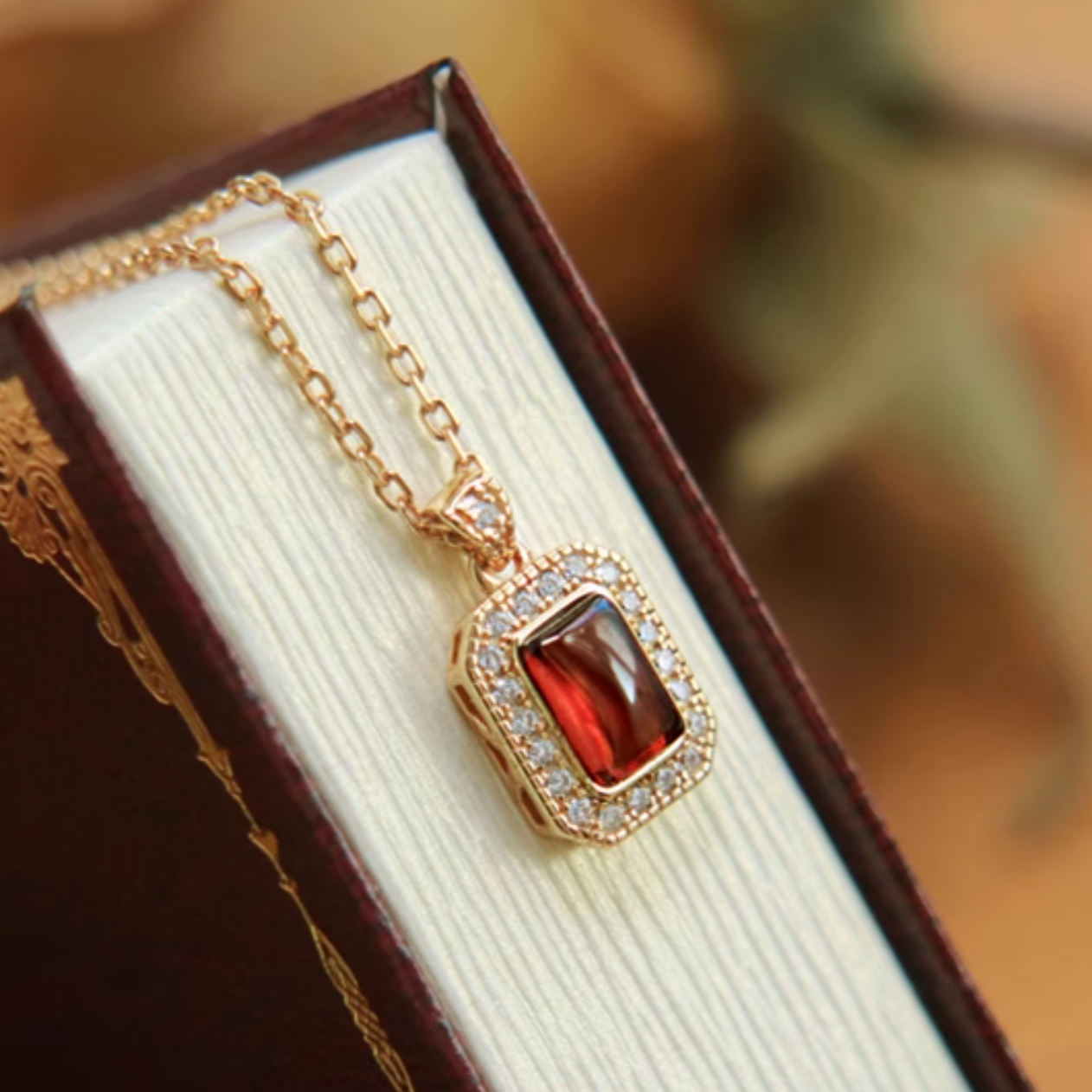 Natural Rectangle Garnet Necklace Sterling silver, Red Garnet Birthstone Pendant