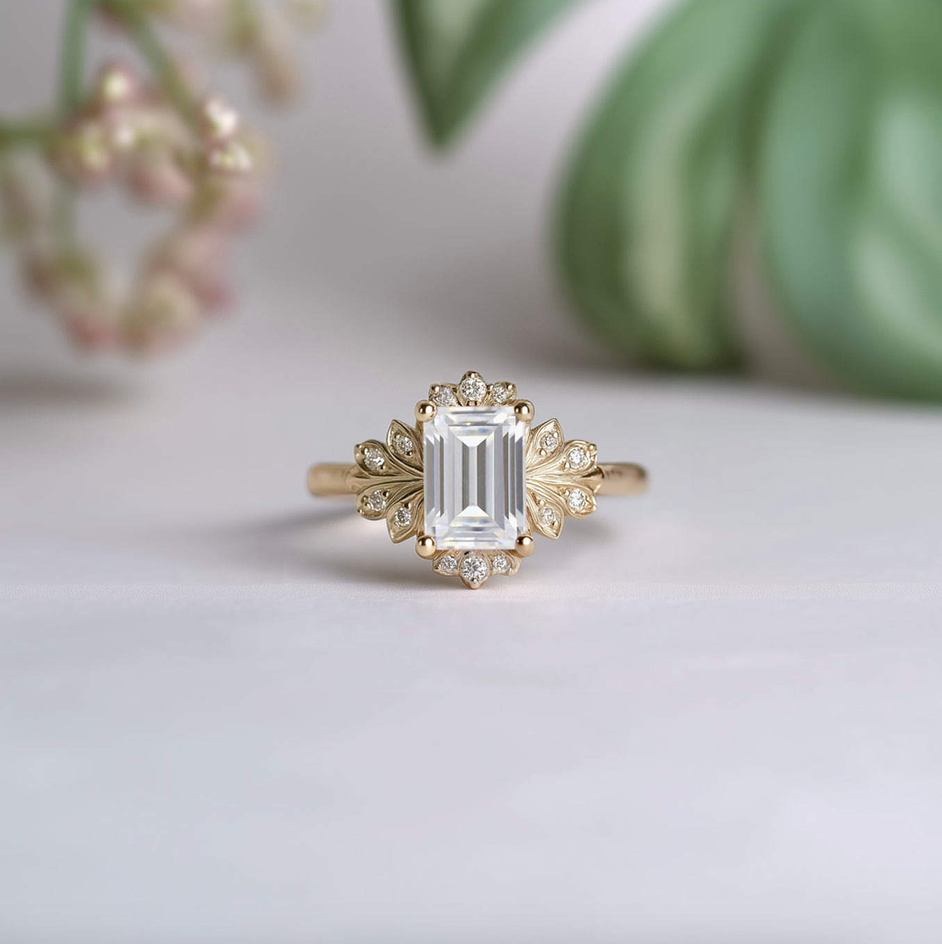 Gold ring with a diamond on a light background