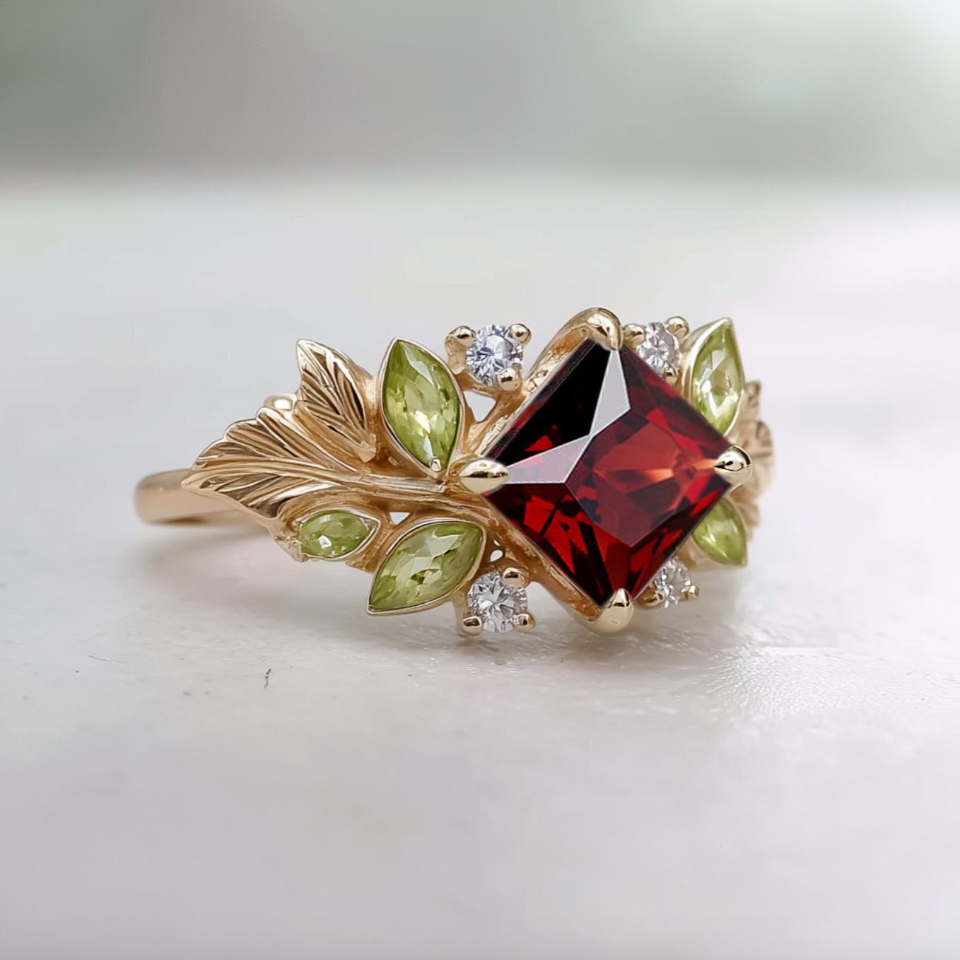Gold ring with a red gemstone and green leaves on a white background