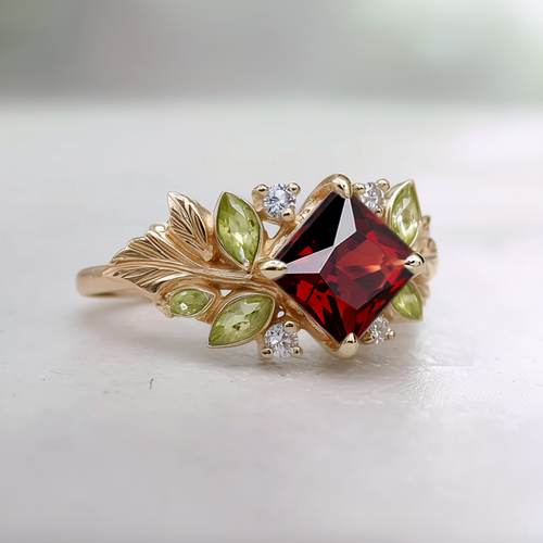 Gold ring with a red gemstone and green leaves on a white background