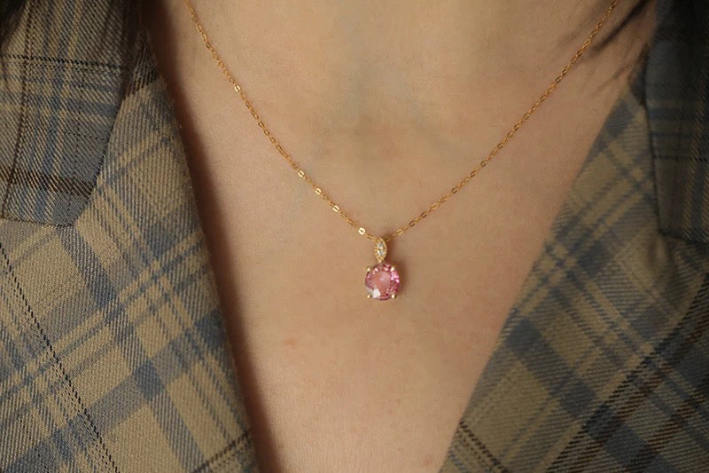 Seraphina 18k Gold Pink Tourmaline Necklace, Oval Tourmaline 18k Gold Necklace