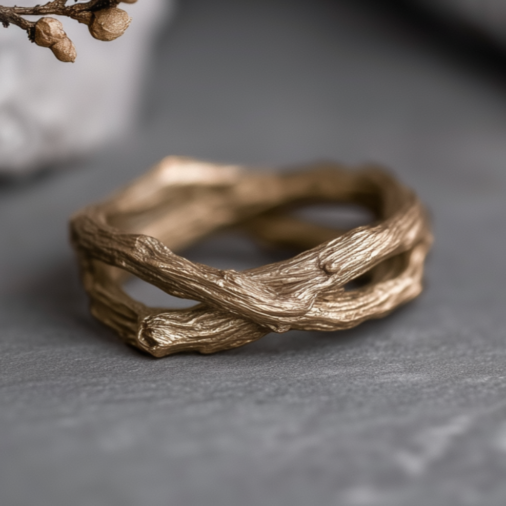 Bronze ring with natural branch design on a gray surface