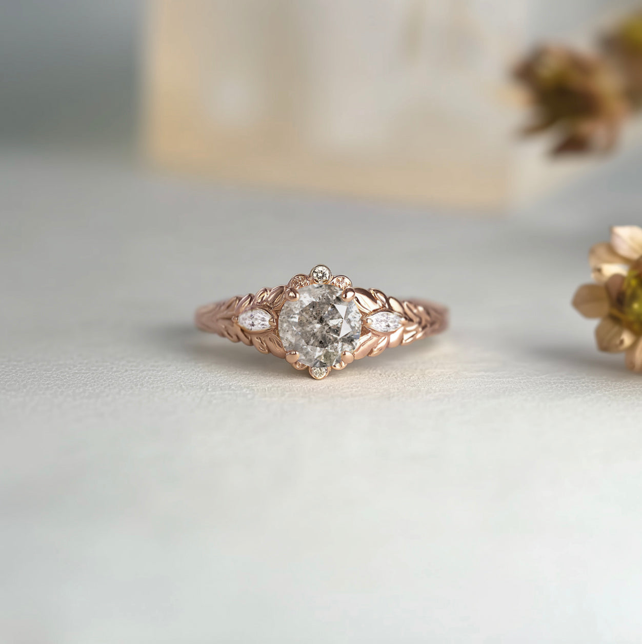 Round Salt and Pepper Diamond Ring, Rose Gold Diamond Engagement Garden Ring
