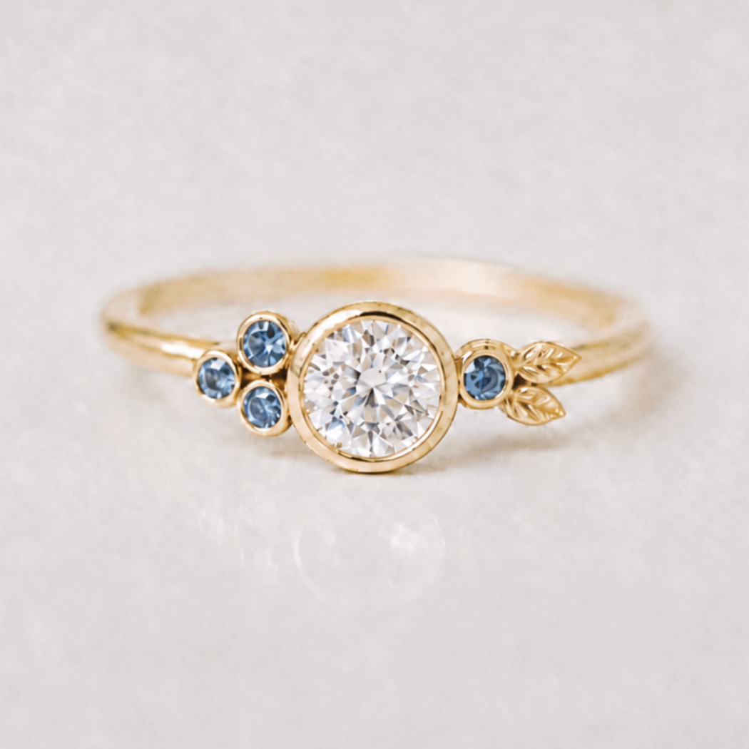 A delicate yellow gold ring featuring a round-cut lab diamond stone, accented by three small round-cut blue sapphires on the left and a small leaf motif on the right, set against a soft, light gray background.