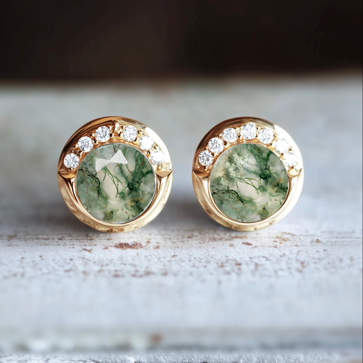 Moss Agate Earring, Round Moss Agate Studs, Single Stud