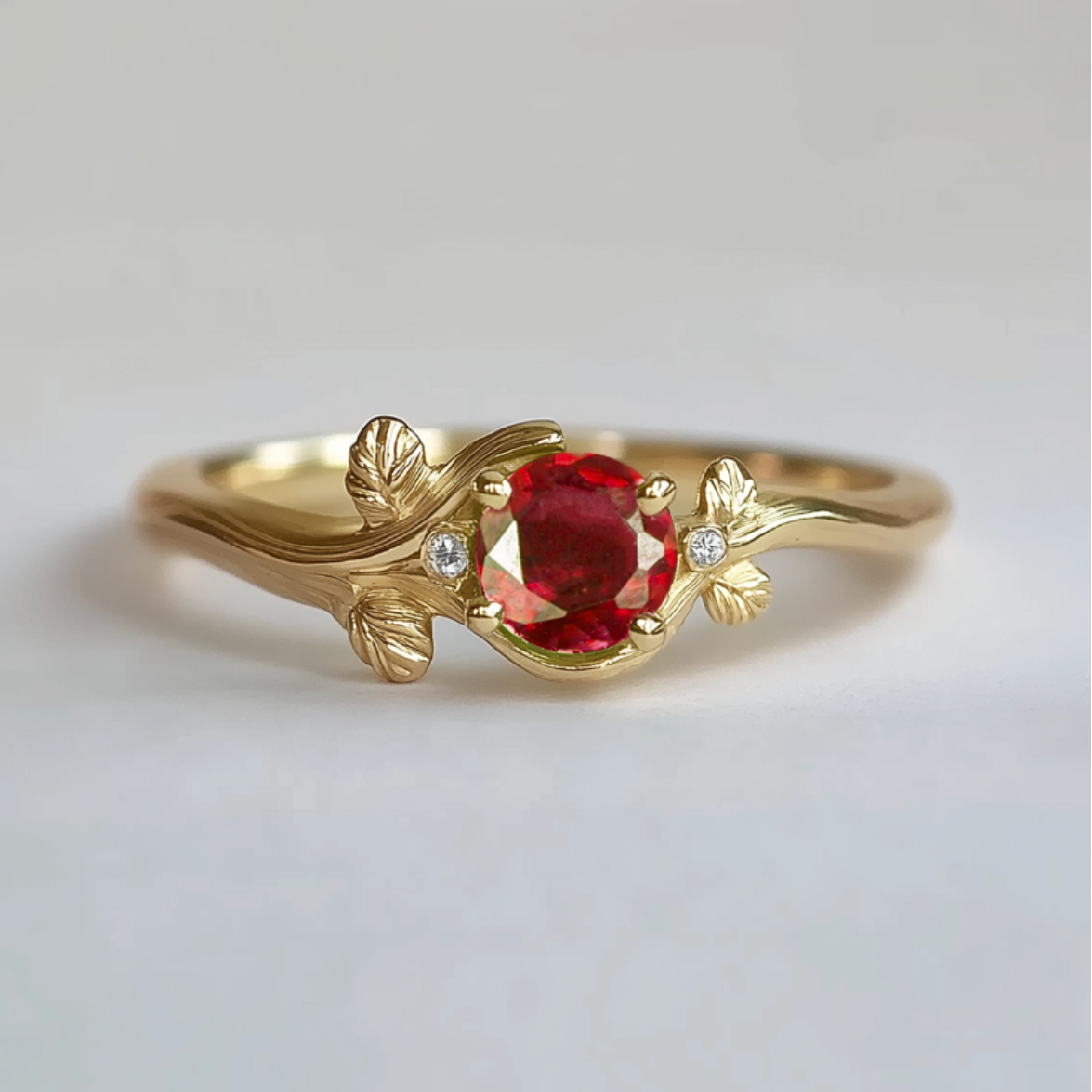 A gold ring featuring a central natural ruby with leaf motifs on the sides, set on a white background.