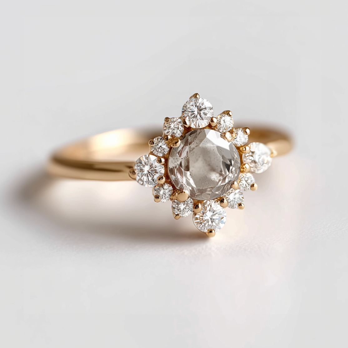 Gold ring with a central salt and pepper diamond and smaller diamonds on a light gray background