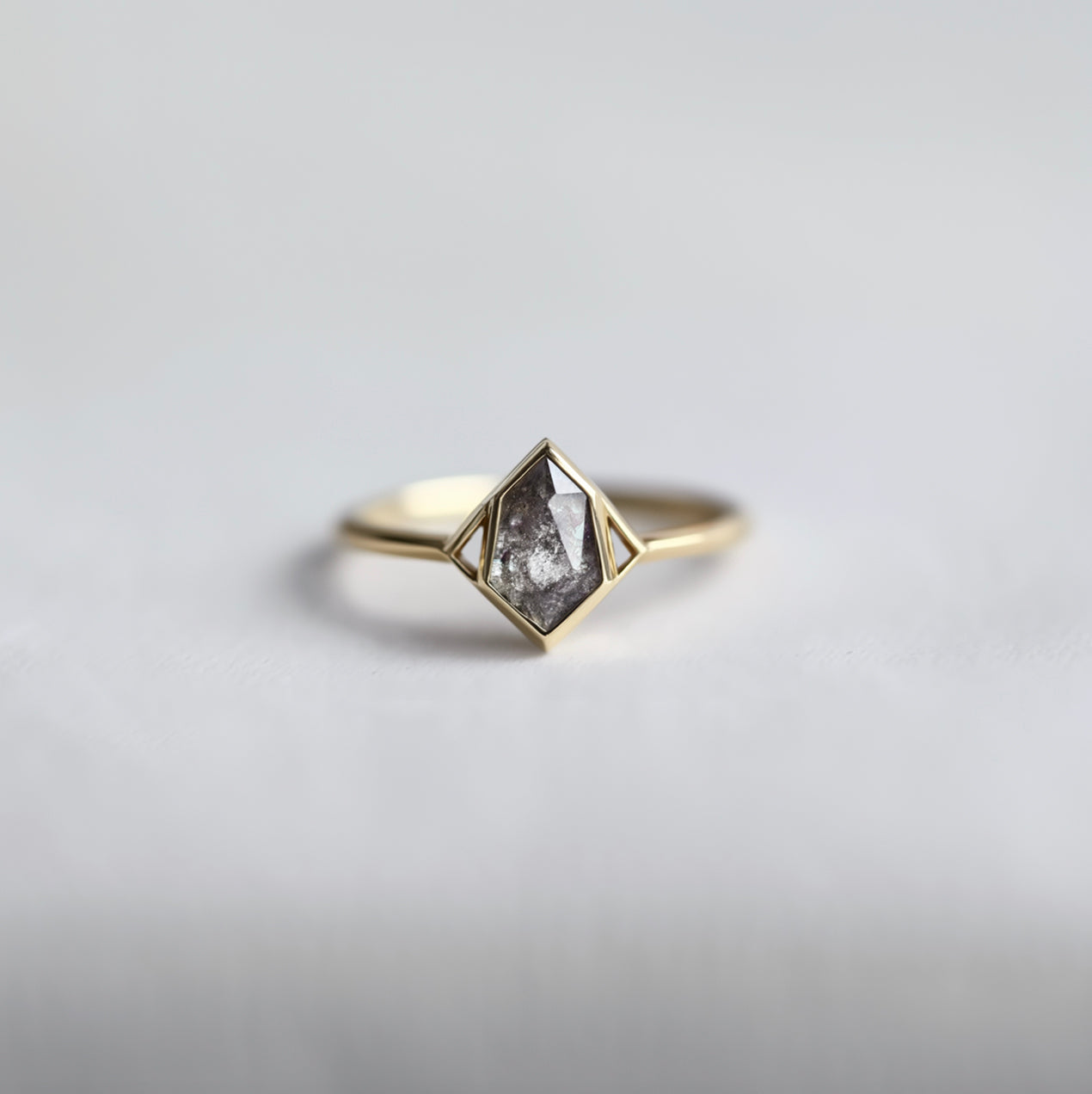 Geometric Salt and Pepper Diamond Ring, 14k Yellow Gold Diamond Engagement Ring