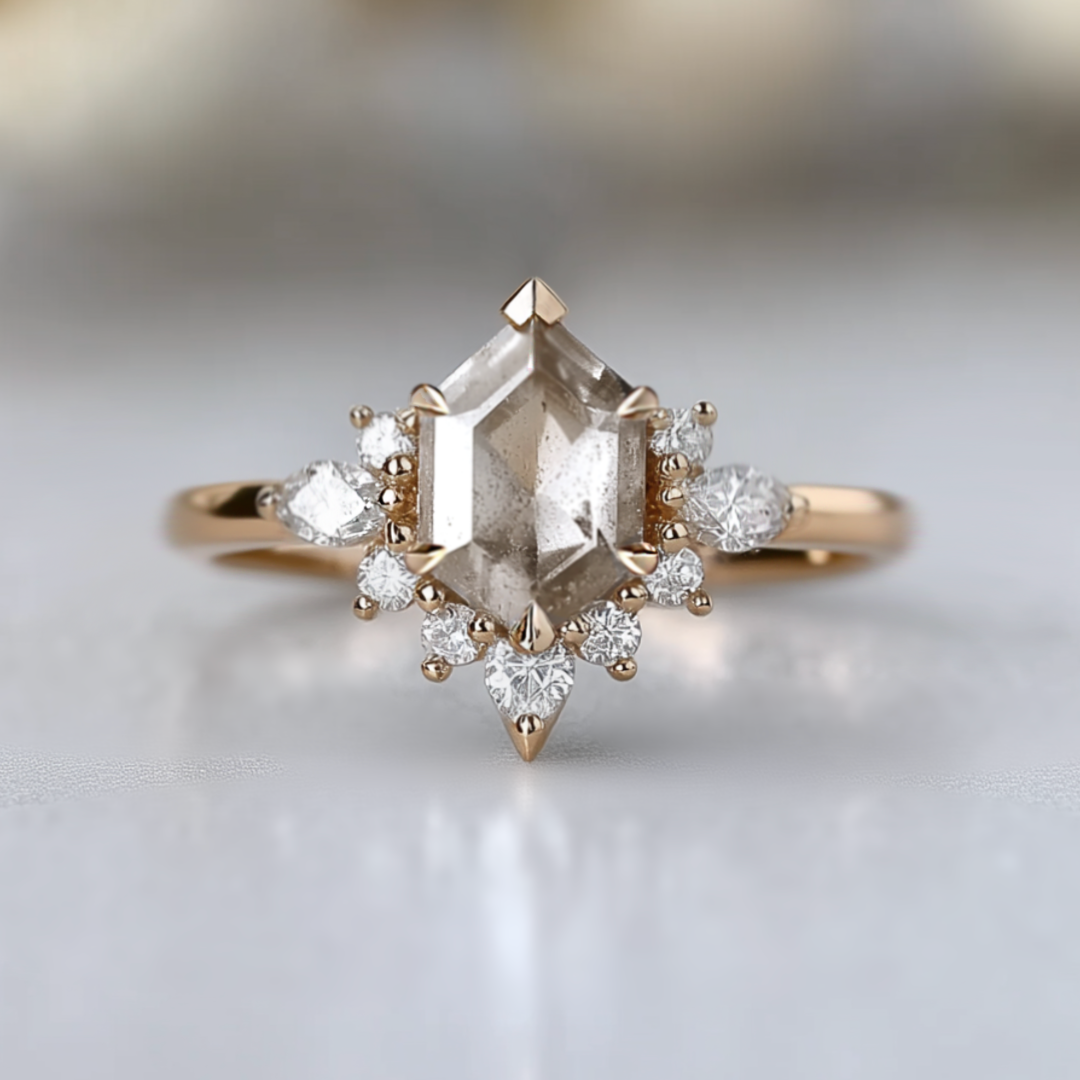 Gold ring with a diamond on a light background