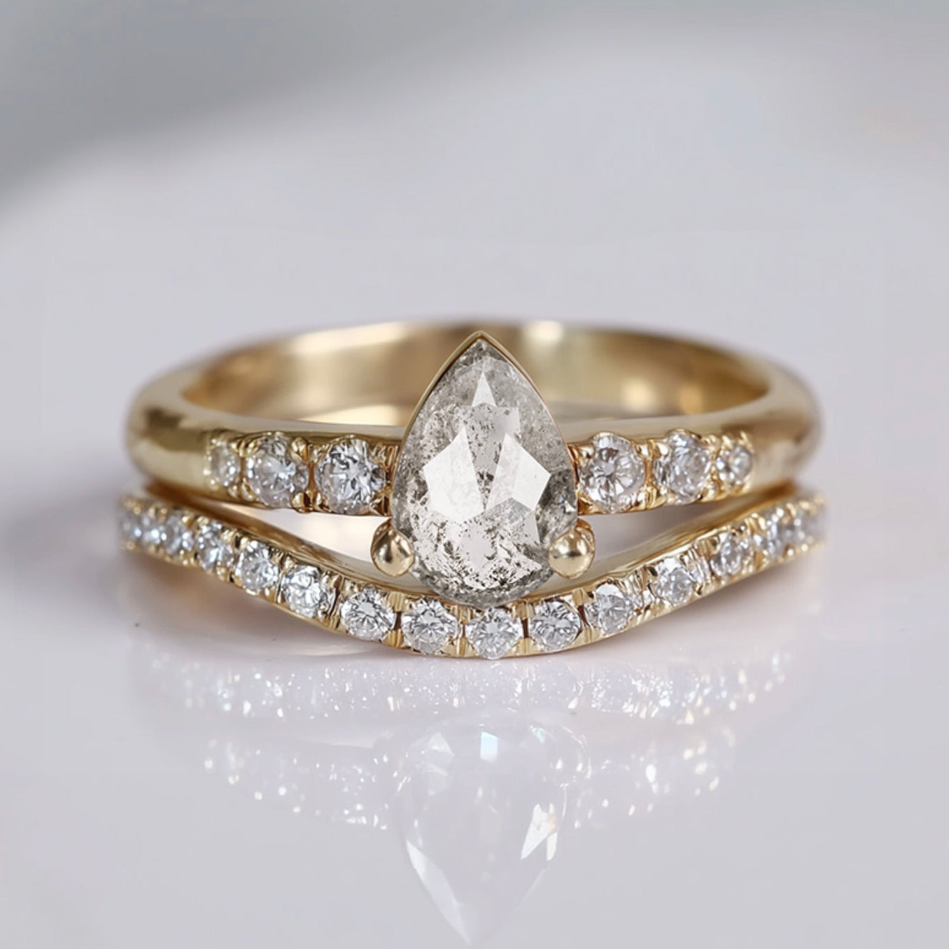 Haze Salt and Pepper Diamond Wedding Ring set, Yellow Gold Diamond Engagement Ring