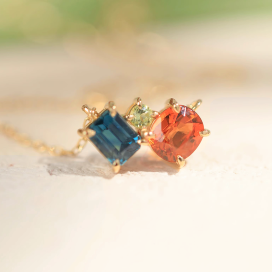Sapphire and Garnet 18k Gold Necklace, 18k Gold Birthstone Necklace, Sapphire Pendant