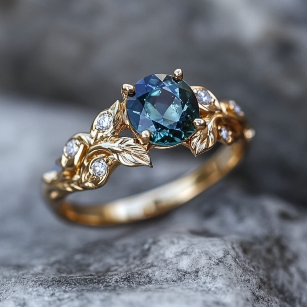 A blue sapphire engagement ring with gold leaves and small diamond accents, displayed on a textured surface.