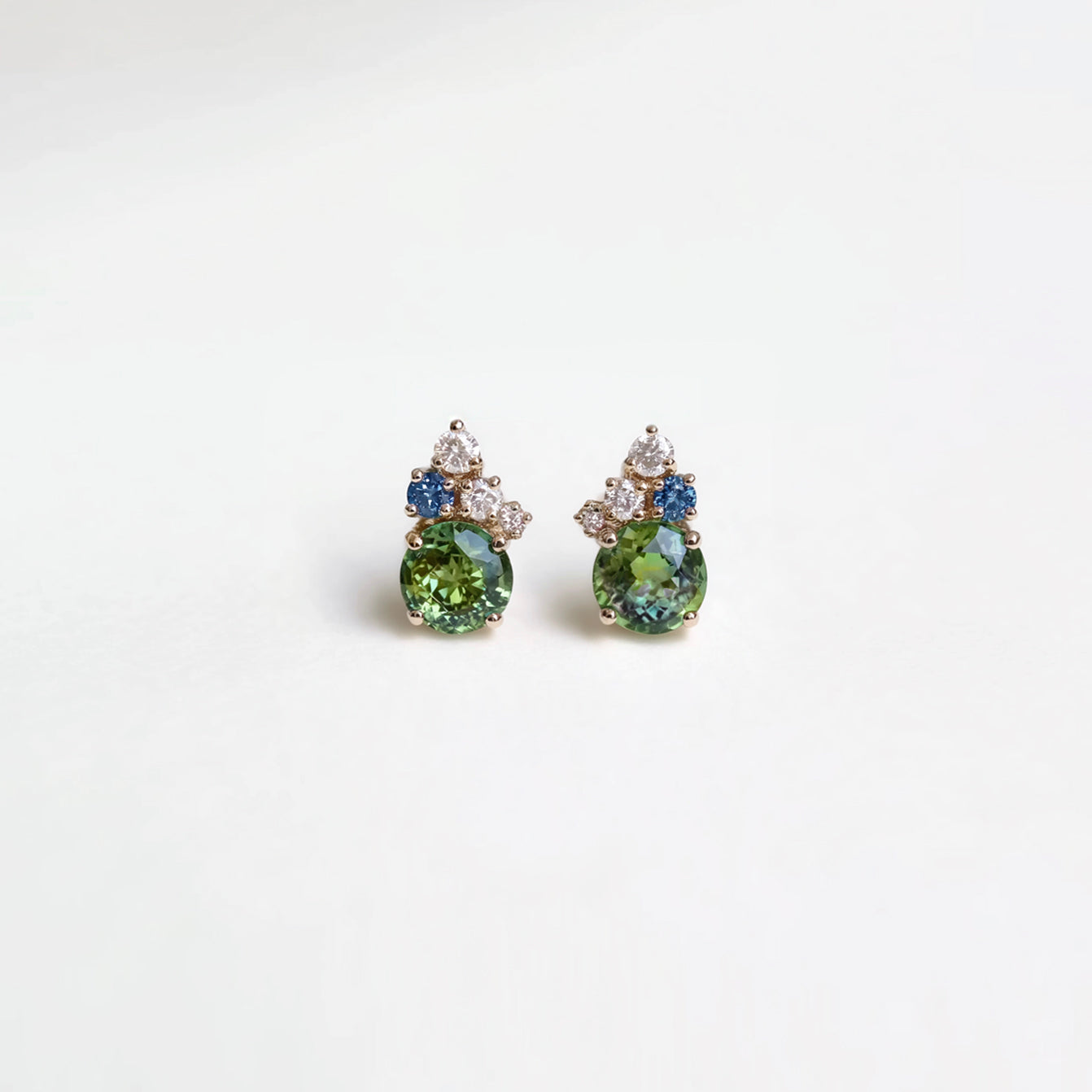 Blue Green Sapphire Stud Solid Gold, Round Brilliant Cluster Studs, Sapphire stud