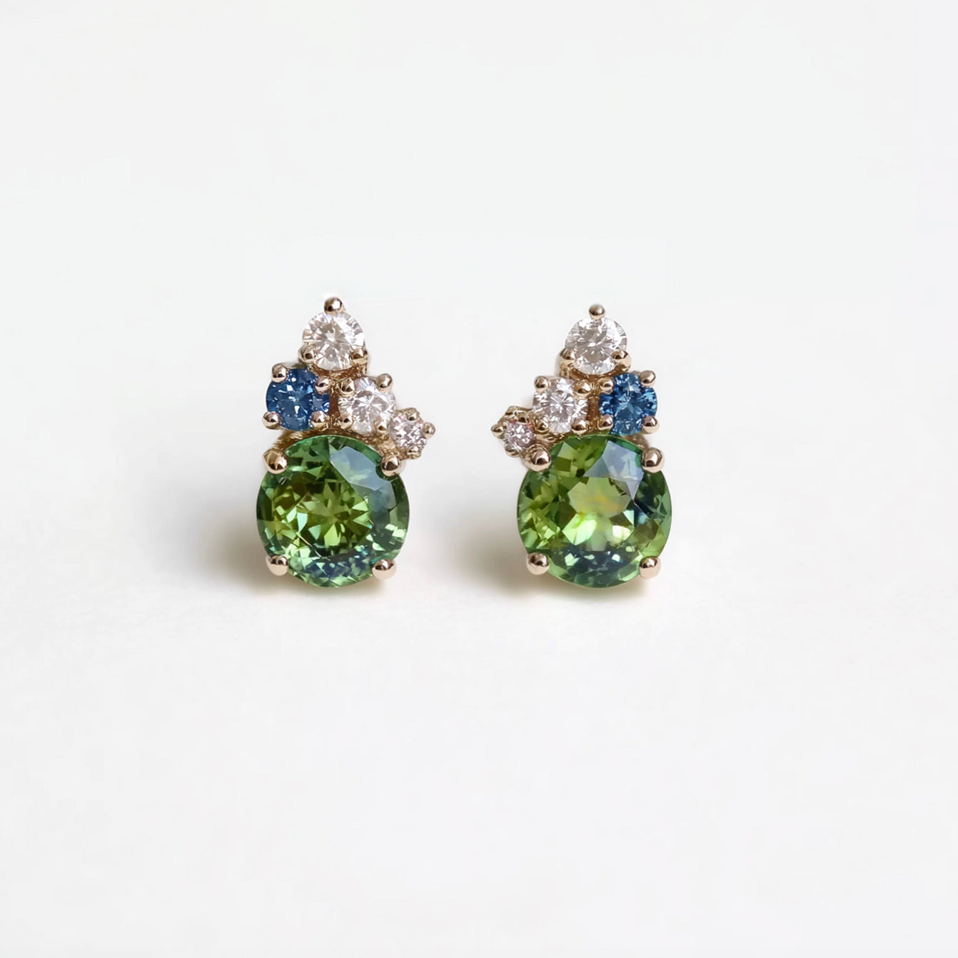 Blue Green Sapphire Stud Solid Gold, Round Brilliant Cluster Studs, Sapphire stud