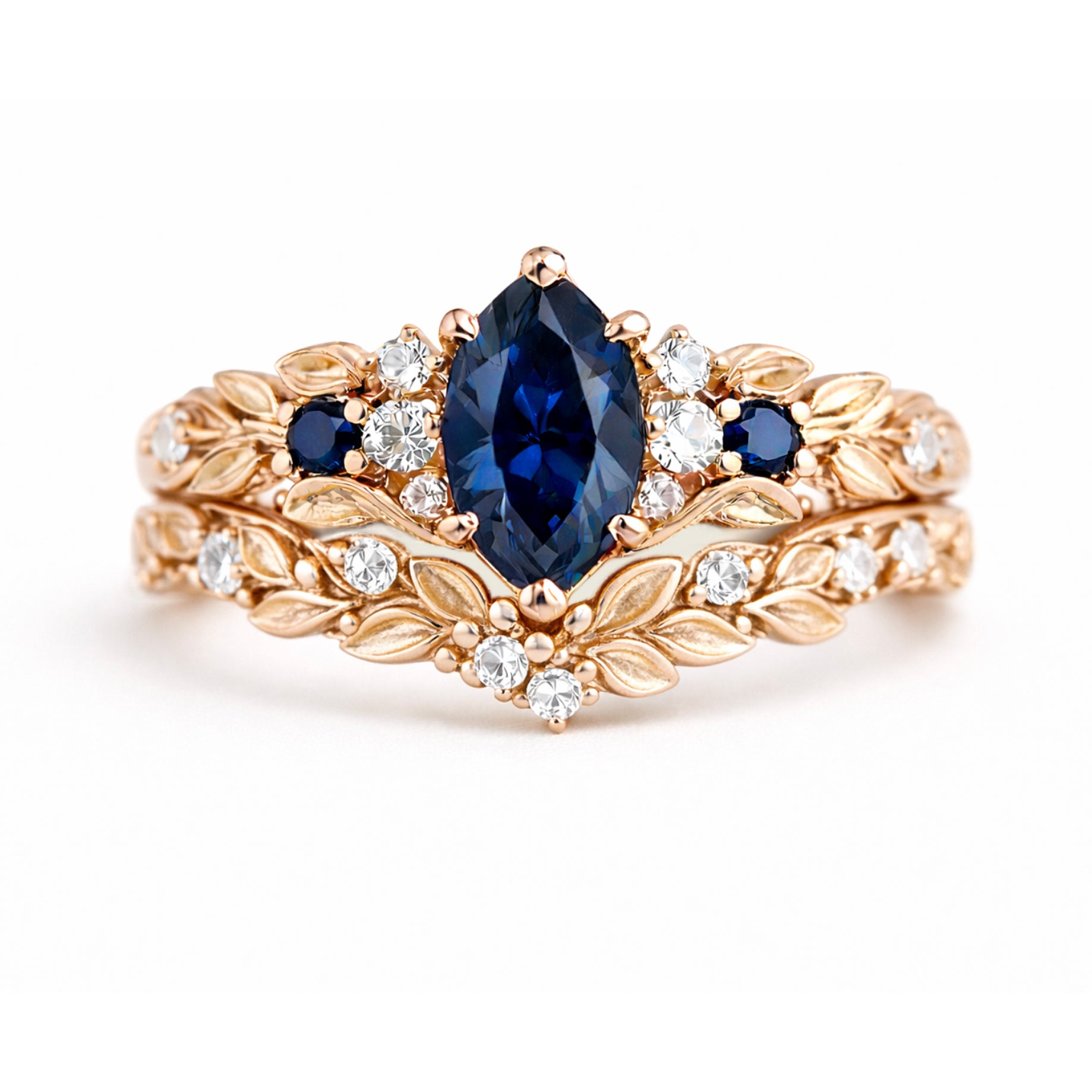 Twilight Vine marquise Sapphire ring, Blue Sapphire ring, Engagement Ring Set