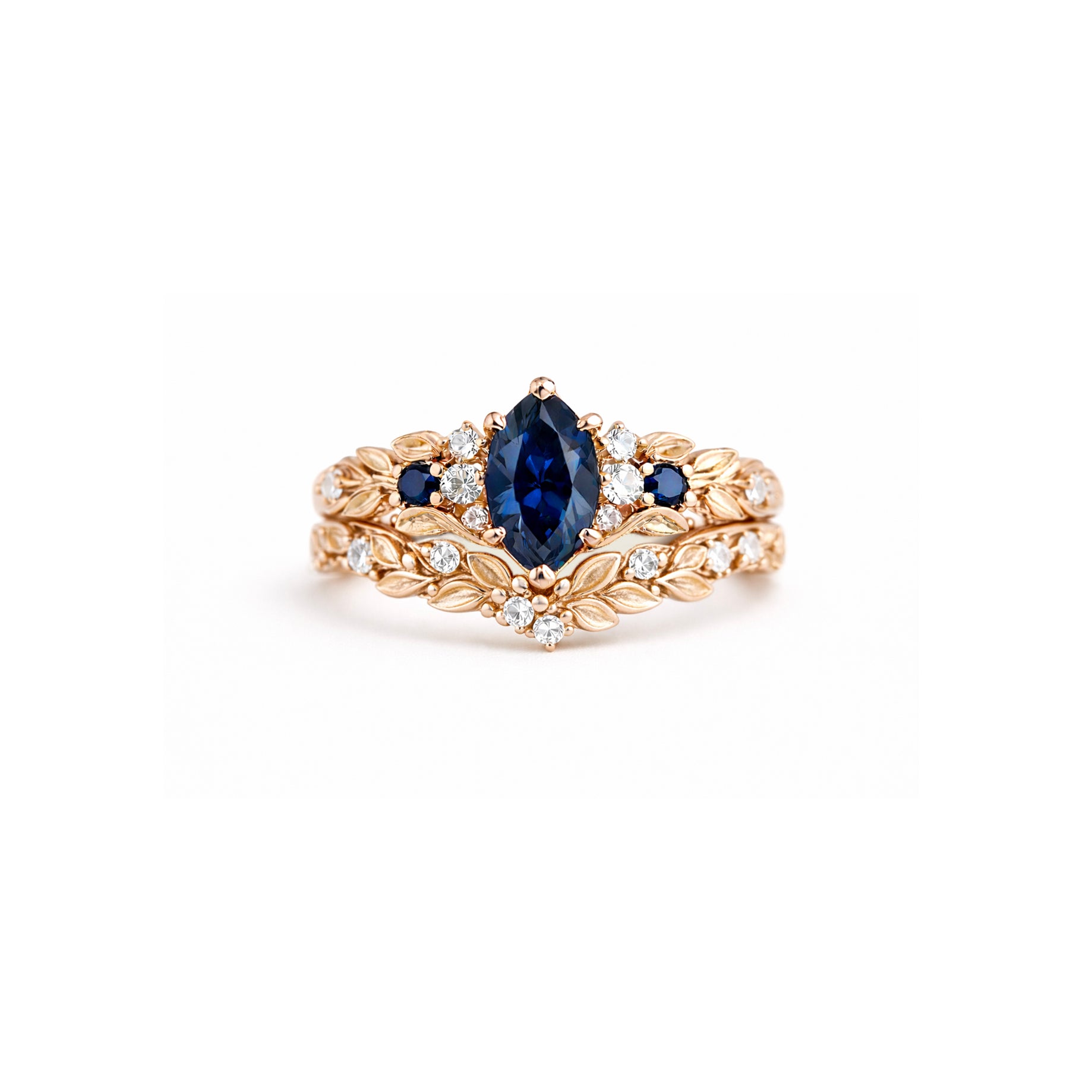 Twilight Vine marquise Sapphire ring, Blue Sapphire ring, Engagement Ring Set