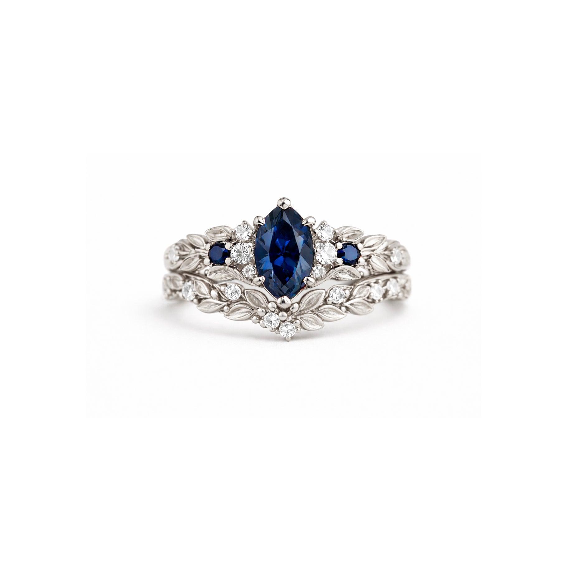 Twilight Vine marquise Sapphire ring, Blue Sapphire ring, Engagement Ring Set