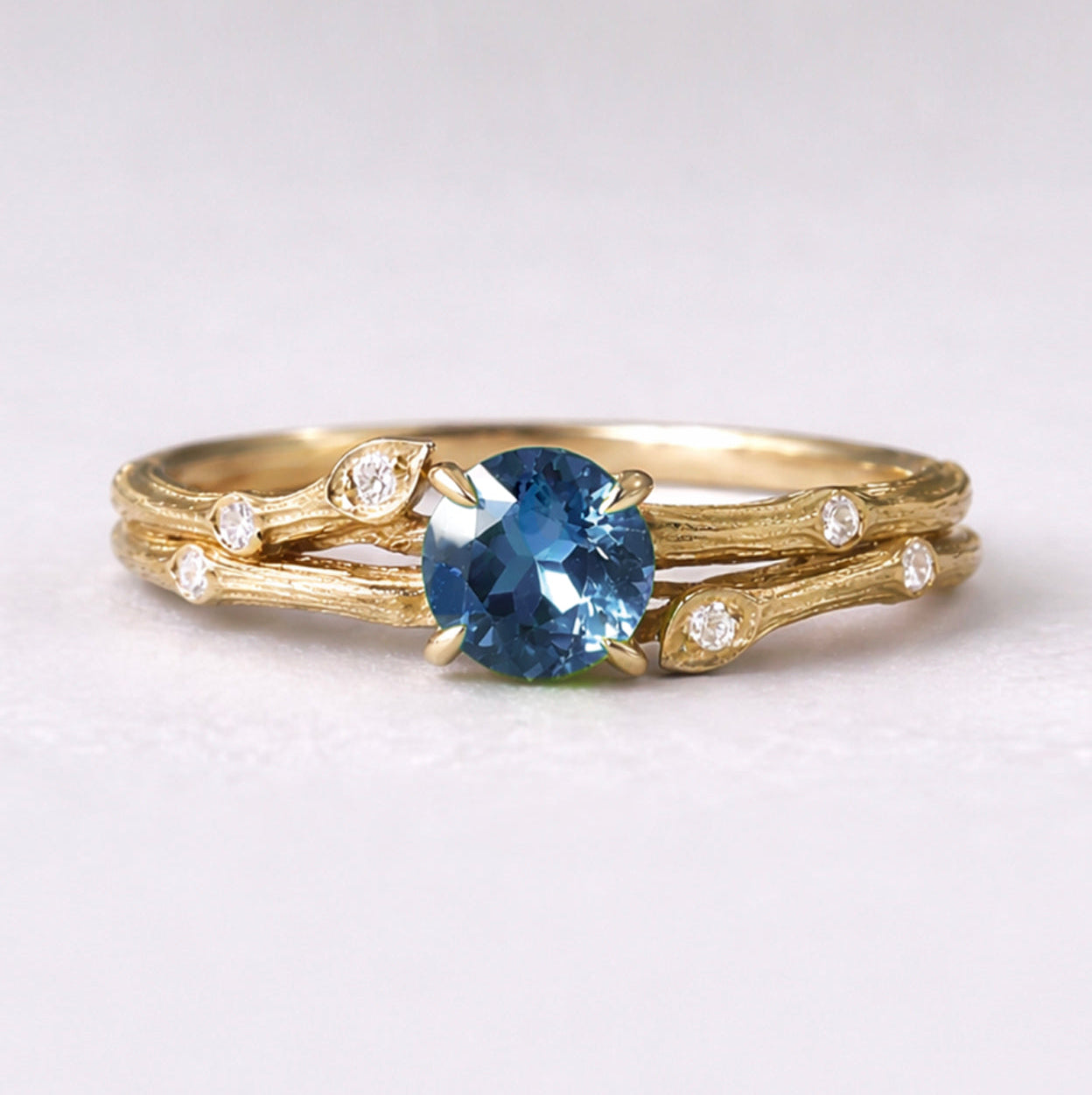 Double Twig Sapphire ring, Blue Sapphire ring, Diamond Twig Ring