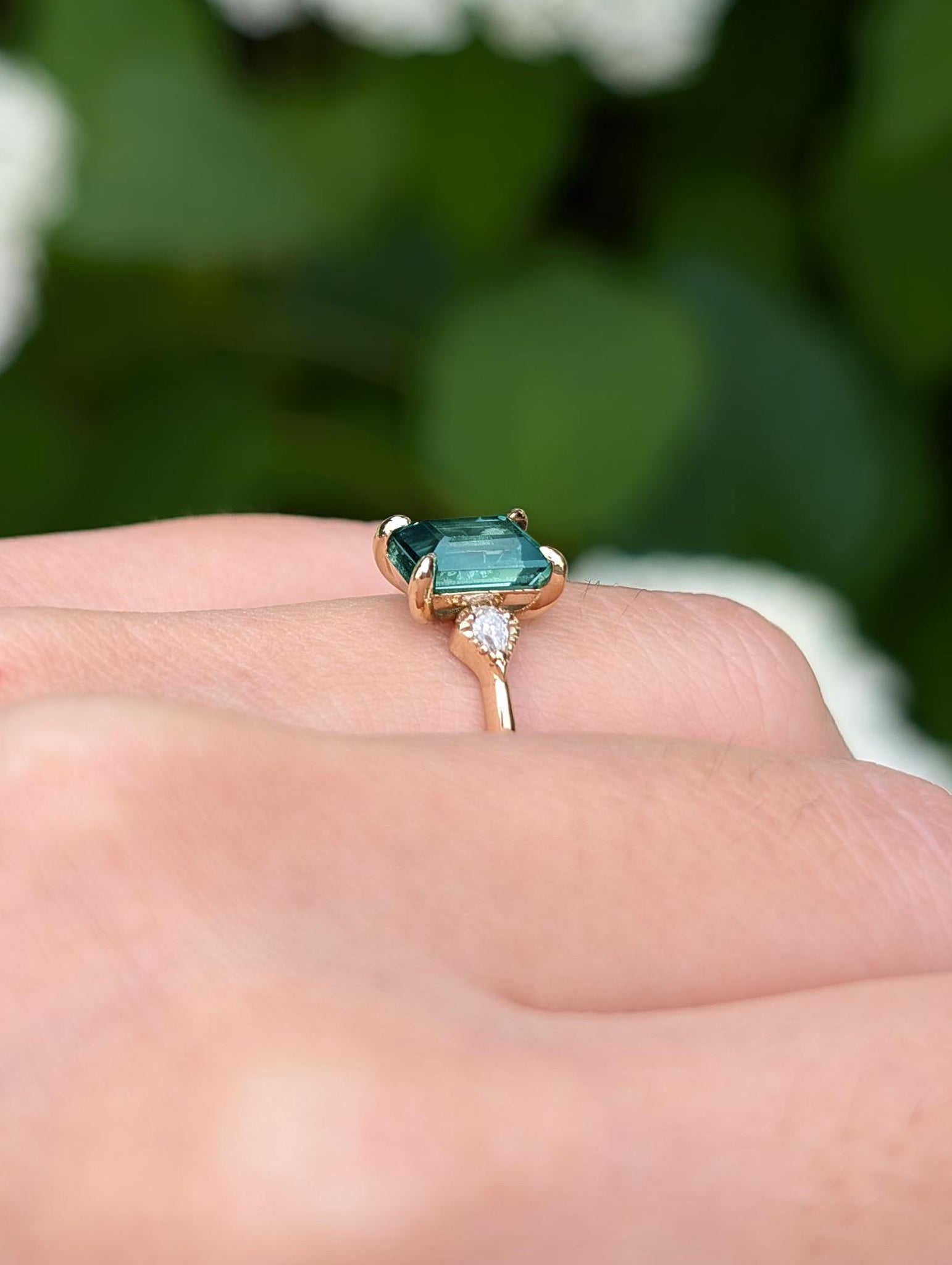 Green Tourmaline Engagement Ring with pear Moissanite