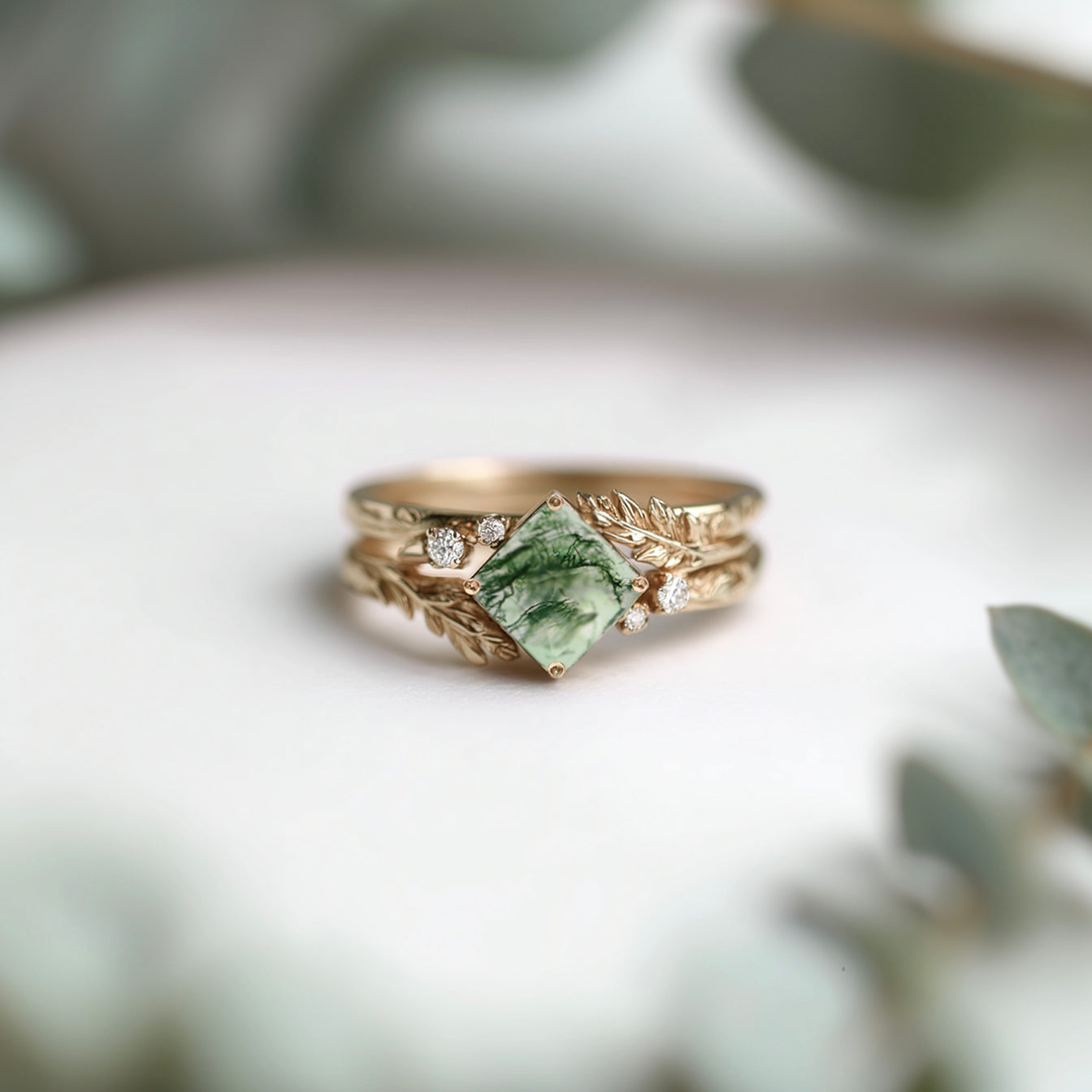 14k Gold Square Moss agate ring wedding ring, Moss agate Ring