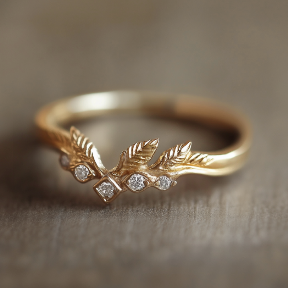 Gold ring with leaf design and small diamonds on a textured surface