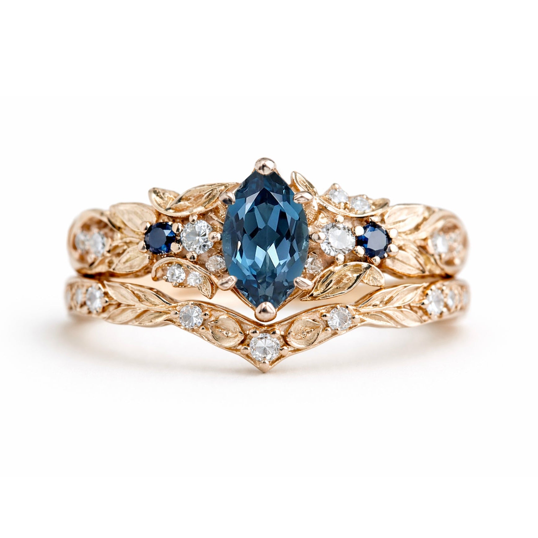 Midnight Ivy 14k Gold Wedding ring, Blue London Topaz Wedding Ring set