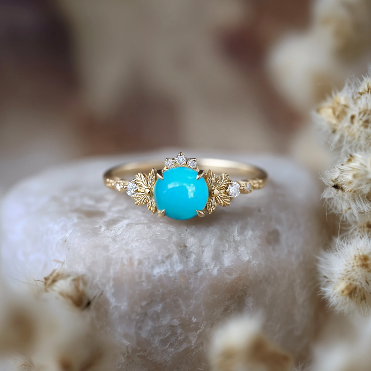 Cabochon Turquoise Engagement ring, Natural Turquoise Engagement ring, Floral Turquoise Wedding Ring