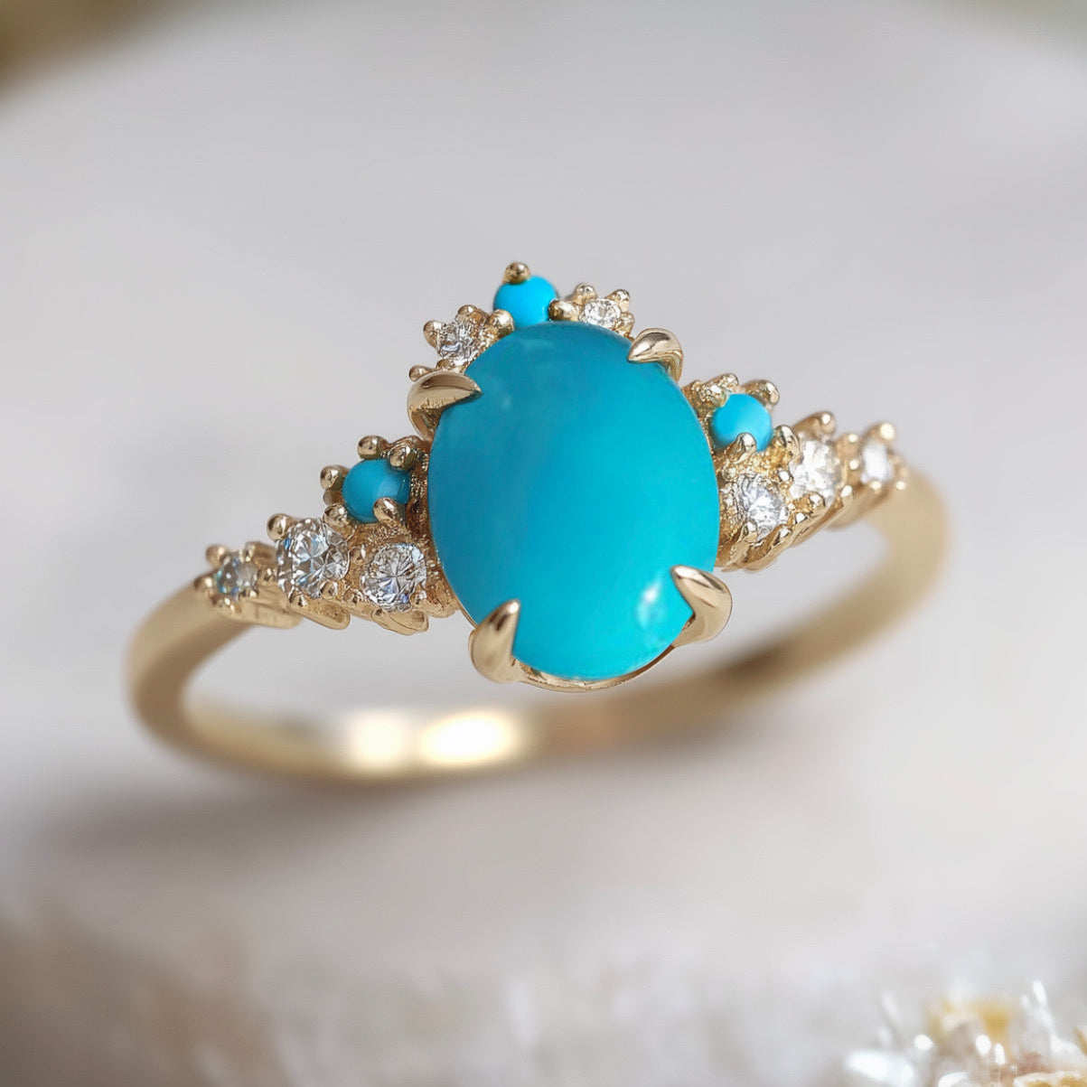 Yellow Gold Blue Turquoise Engagement ring, Natural Turquoise Engagement ring, Turquoise Wedding Ring