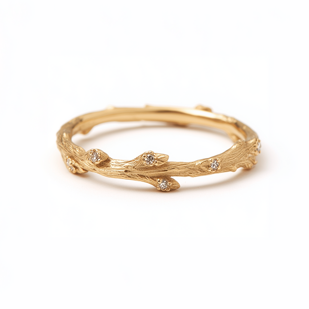 Dainty Twig Band, 14k Gold Diamond Twig Band, Diamond wedding band
