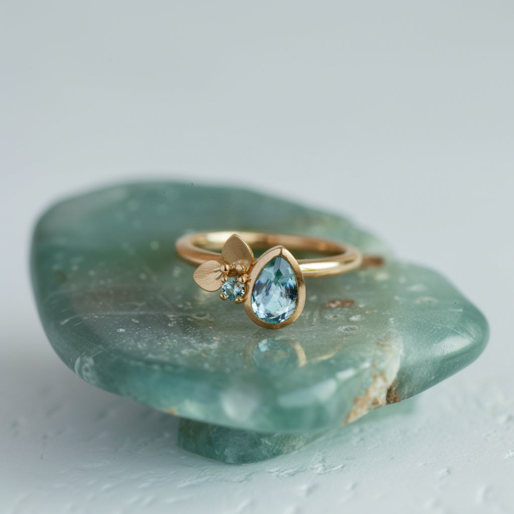 Water Lily Natural Apatite Engagement ring, Solid Gold Apatite ring