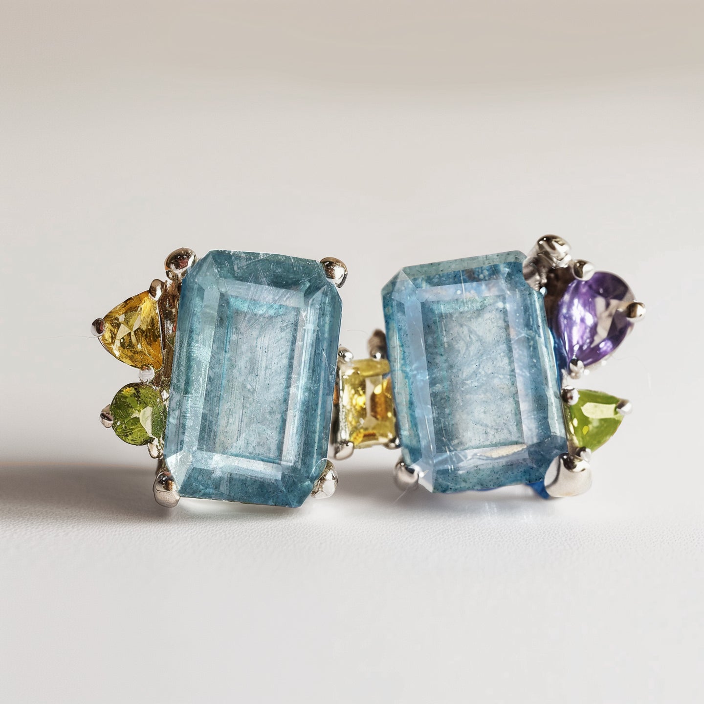 Multistone Gemstone Earring Studs, Aquamarine Earrings