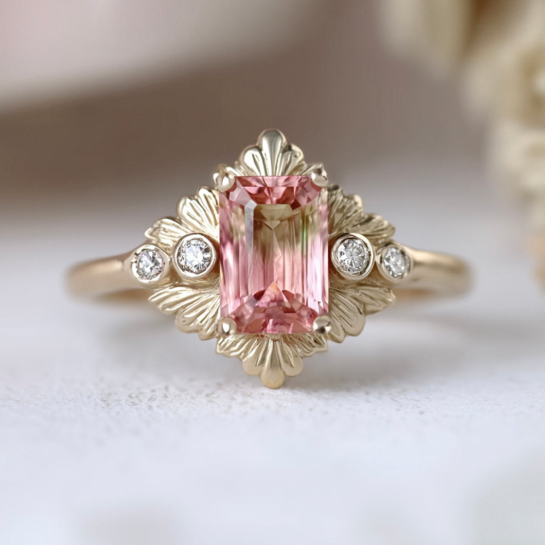 Watermelon tourmaline Engagement Ring, Gold tourmaline Engagement Ring