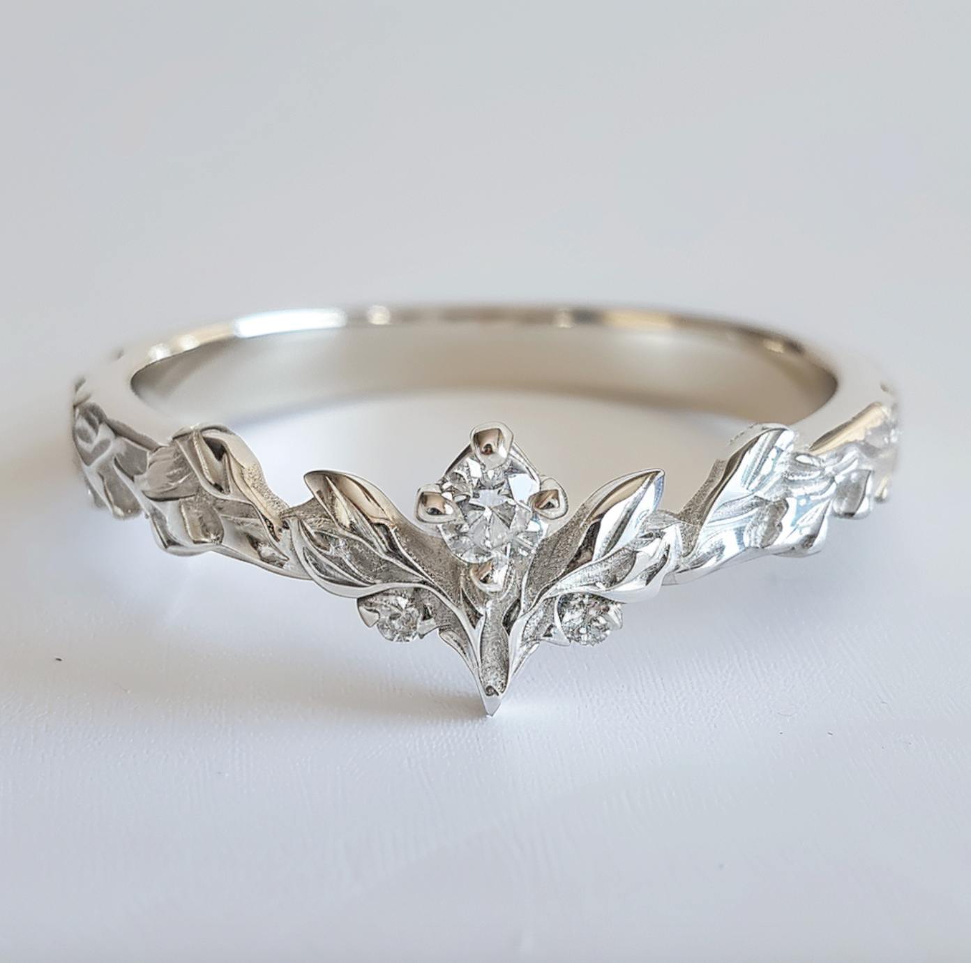 Angel's Wing Diamond leafy Wedding Band, Garden wedding Band