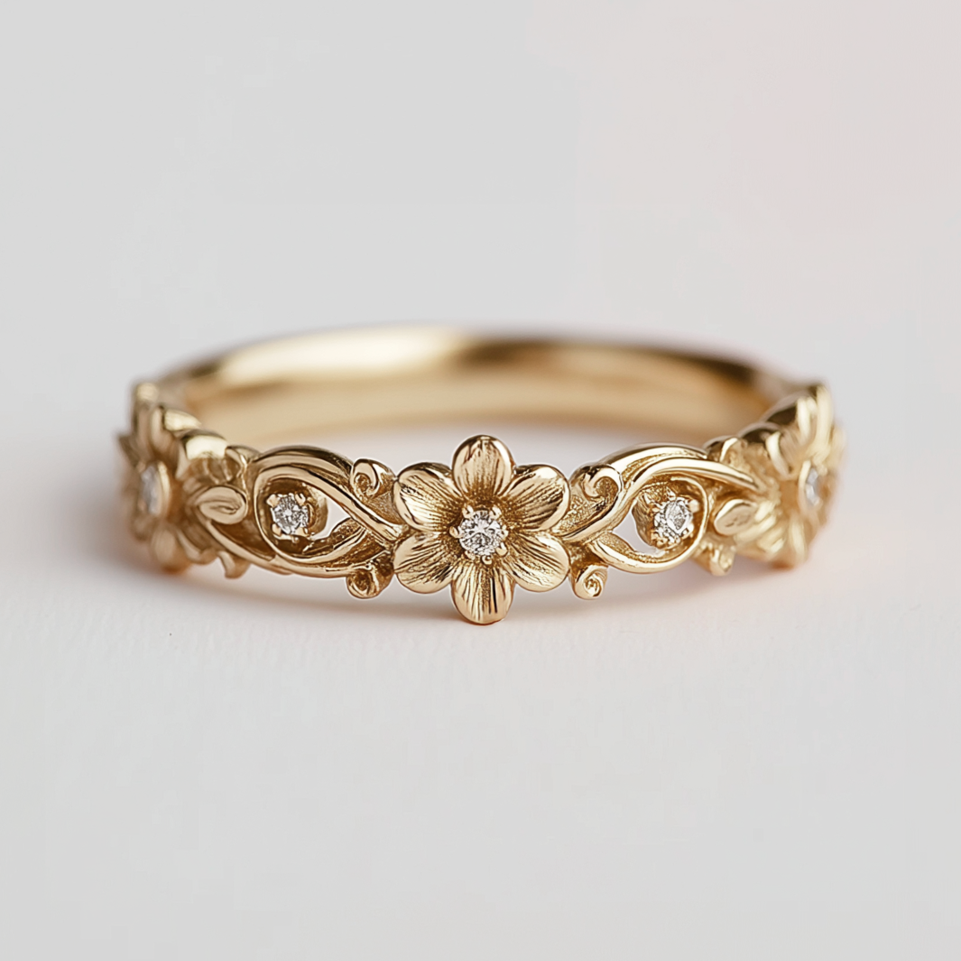 Gold ring with floral design and diamonds on a light gray background