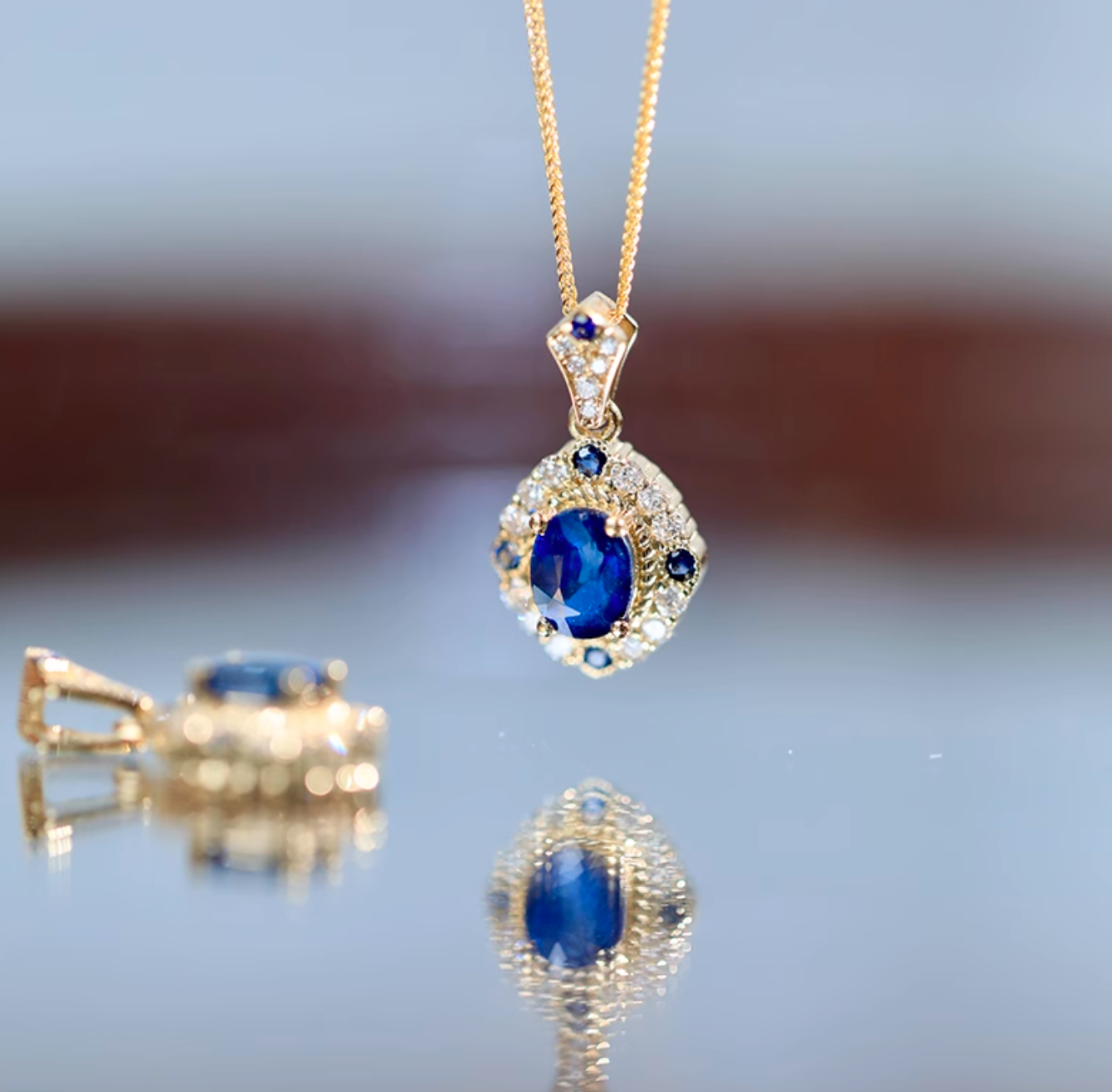 Blue sapphire and white diamond pendant, Sapphire necklace, Sapphire jewellery