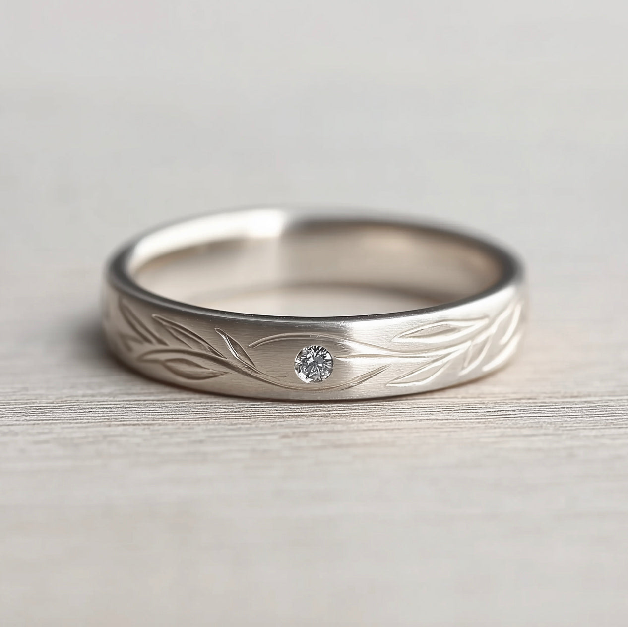 14k White Gold Wedding Band, Simple Wide Diamond Engraved Band For Men and Women, Wide Wedding Ring