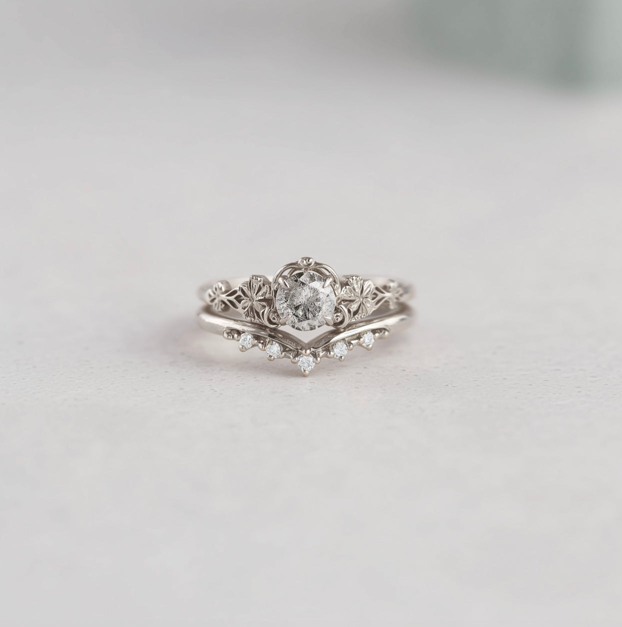 The Aurelia Set, Salt and Pepper Diamond Wedding Rings, Nature inspired Diamond Engagement Ring