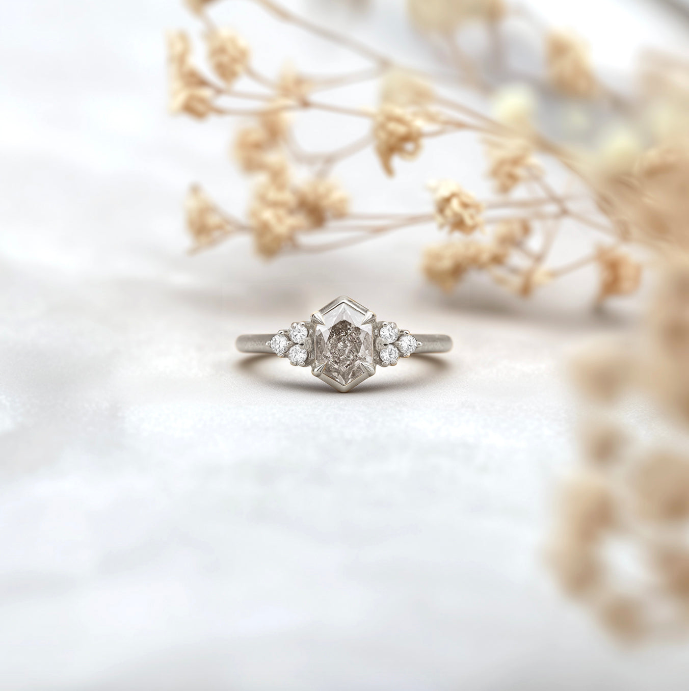 Hexagon Salt and Pepper Diamond Ring, Gold Diamond Engagement Ring Matt Finish