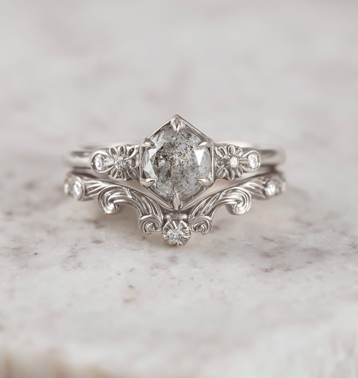 Yellow Gold Wedding Set, Salt and Pepper Diamond Wedding Rings, Nature inspired Diamond Engagement Ring