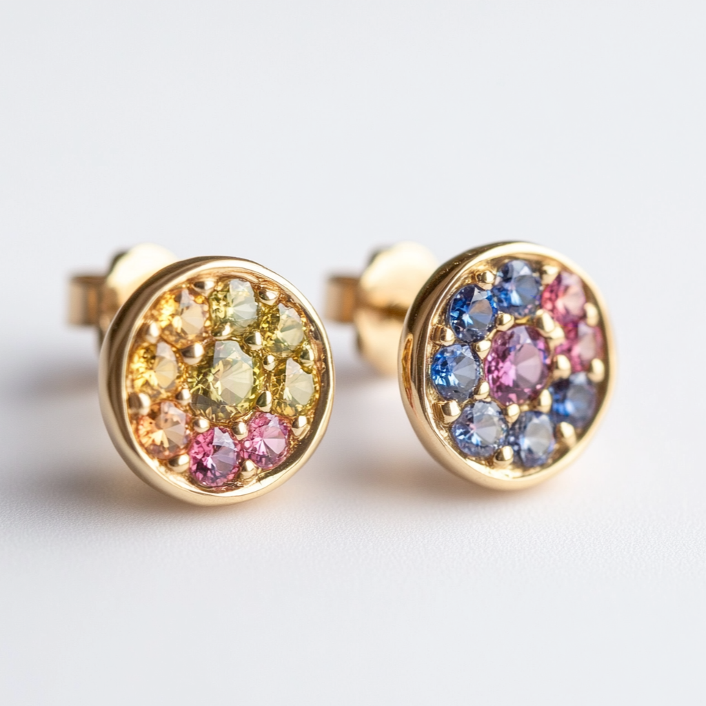 Wild Garden Gemstone Studs, Multi Sapphires studs, Asymmetric Color Round Studs