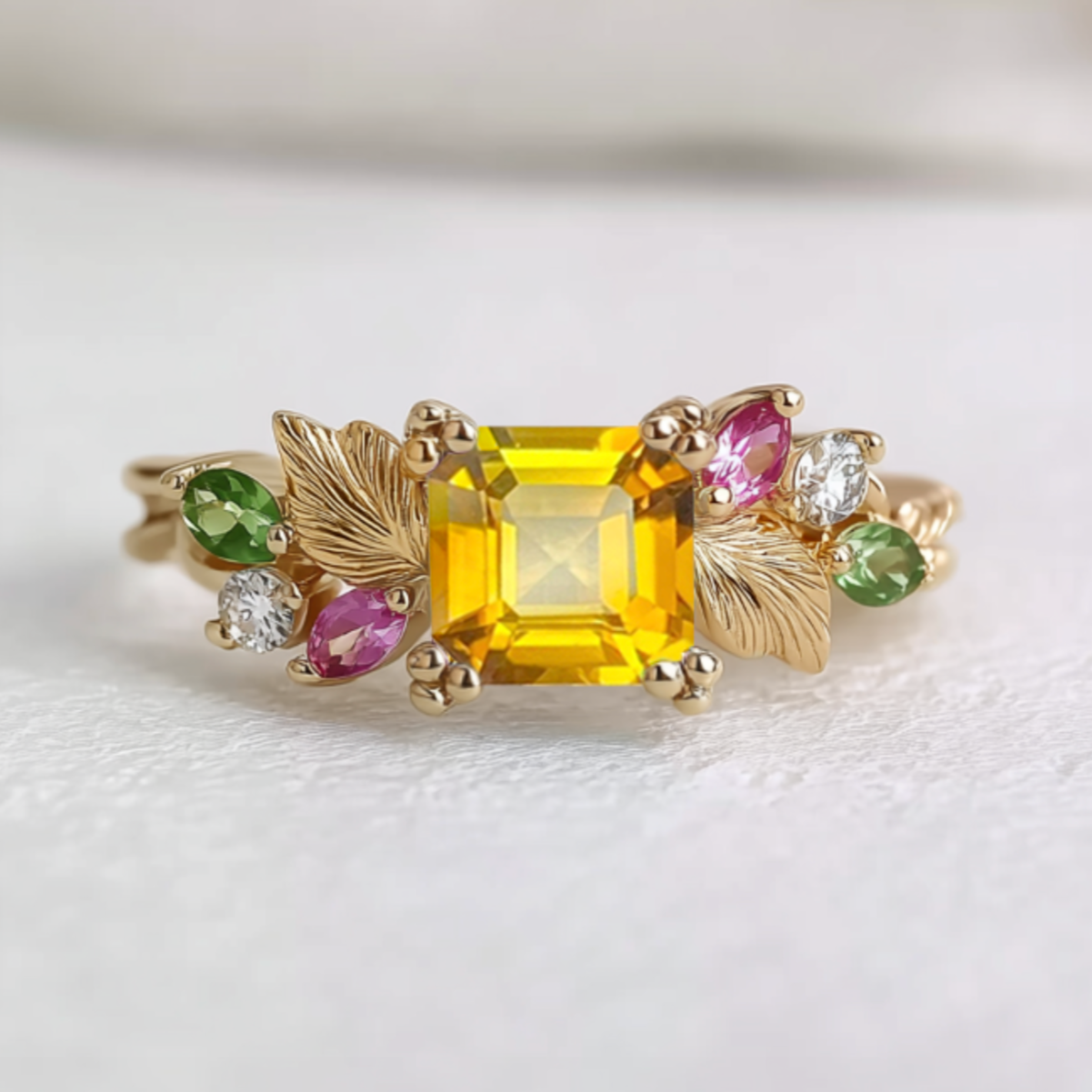 Gold ring with a yellow gemstone and smaller colored stones on a white background