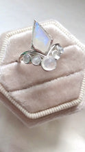 Load and play video in Gallery viewer, Silver Ring, Rainbow Moonstone Engagement Rings, Raw Gemstone Rings
